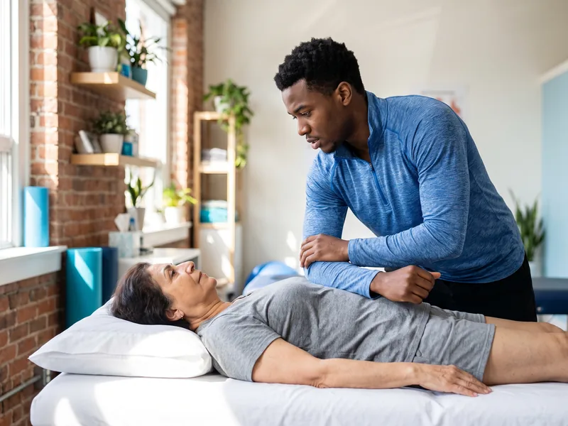 Physical therapist assessing a patient's shoulder mobility on a treatment table