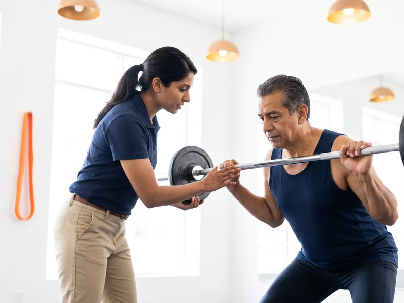 Therapist coaching a patient through a loaded strength test as part of return-to-activity training