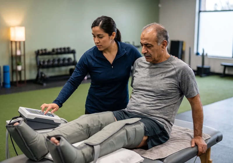 Cold compression wrap applied to a patient's knee in the clinic