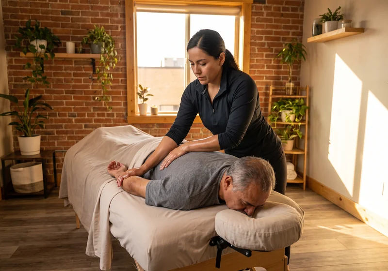 Therapist performing gentle hands-on massage on a patient lying face down